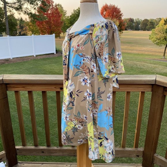 Nicole Miller Studio Floral Shift Dress Sz 12 Taupe Multi Off Shoulder Ties NWT - Picture 5 of 12